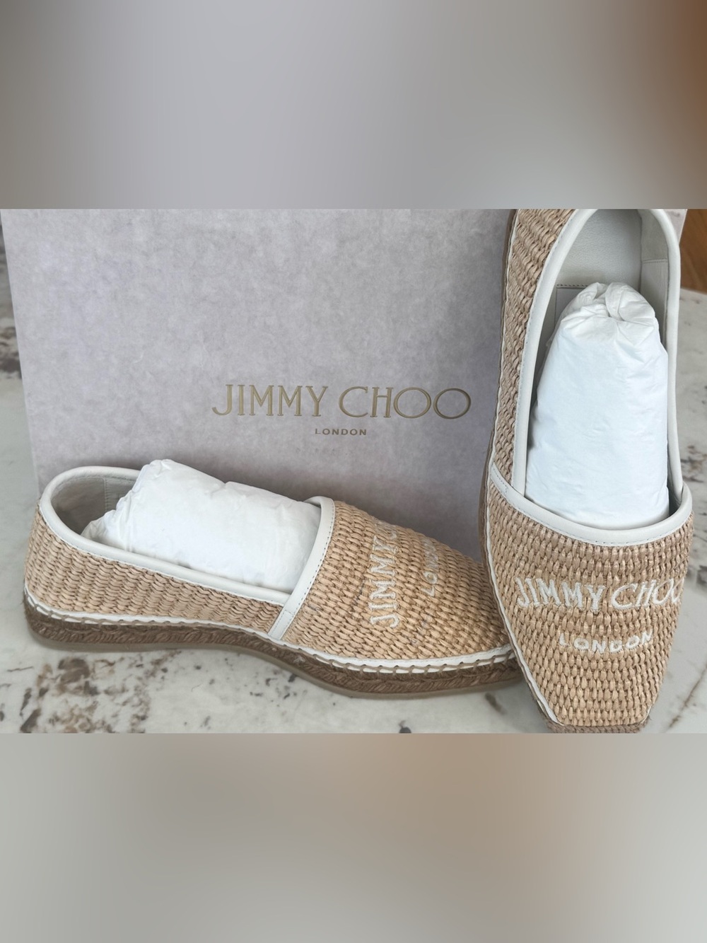 Jimmy Choo Natural Raffia Espadrille Slide with White Trim